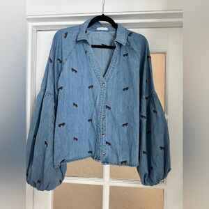 Avec Les Filles Light Blue Denim Top with Embroidered Horse Detail